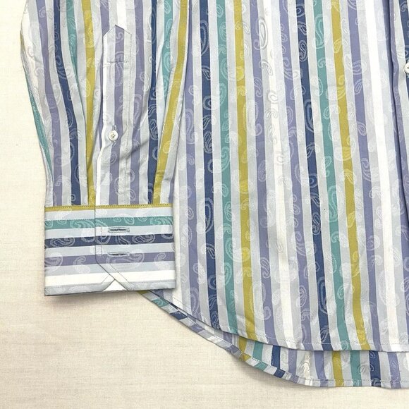 Robert Graham Men’s Large 42 16 1/2 Blue Striped Flip Cuff Shirt - Picture 2 of 5